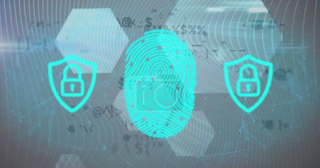 Photo for Image of biometric fingerprint, online security padlocks and data processing over hexagons. digital interface, global connection and communication concept digitally generated image. - Royalty Free Image