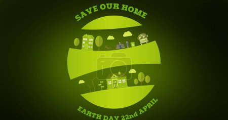 Image of save our home and city symbols on green background. environment, sustainability, ecology, renewable energy, global warming and climate change awareness.