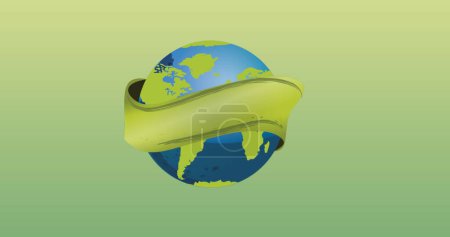 Animatoin of globe with green ribbon on green background. environment, sustainability, ecology, renewable energy, global warming and climate change awareness.