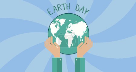 Image of earth day and hand holding globe on spiral blue background. environment, sustainability, ecology, renewable energy, global warming and climate change awareness.