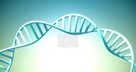 Téléchargez les photos : Image de brin d'ADN filant avec espace de copie sur fond vert. Concept mondial de science, de recherche et de traitement des données image générée numériquement. - en image libre de droit