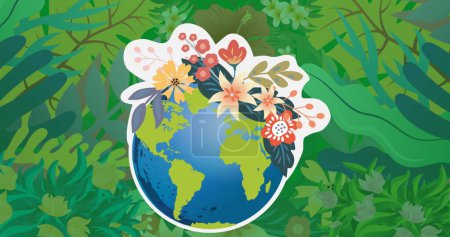 Téléchargez les photos : Image du globe avec des fleurs sur fond de jungle. environnement, durabilité, écologie, énergies renouvelables, réchauffement climatique et sensibilisation au changement climatique. - en image libre de droit