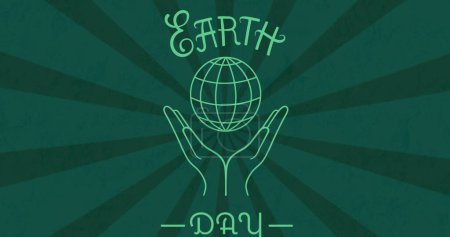 Image of hands with globe and earth day on dark green background. environment, sustainability, ecology, renewable energy, global warming and climate change awareness.
