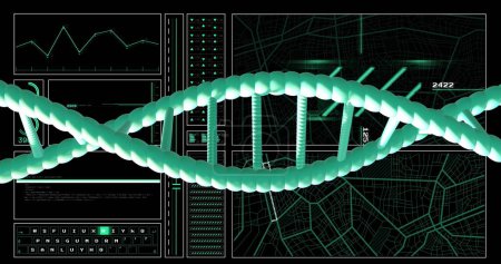Foto de Imagen de la hebra de ADN girando sobre el procesamiento de datos sobre fondo negro. Concepto global de ciencia, investigación y procesamiento de datos imagen generada digitalmente. - Imagen libre de derechos