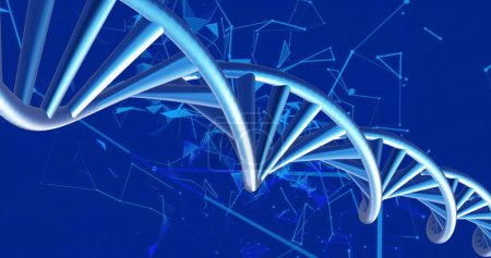 Foto de Imagen de hebras de ADN girando con senderos de luz brillante sobre fondo azul. Concepto global de ciencia, investigación y procesamiento de datos imagen generada digitalmente. - Imagen libre de derechos