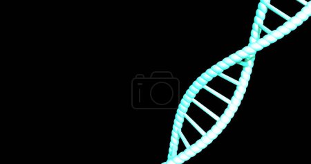 Téléchargez les photos : Image de brin d'ADN filant avec espace de copie sur fond noir. Concept mondial de science, de recherche et de traitement des données image générée numériquement. - en image libre de droit
