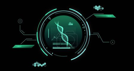 Image of dna strand and scientific data processing over black background. Global science, computing and data processing concept digitally generated image.