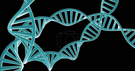 Foto de Imagen de hebras de ADN girando con espacio de copia sobre fondo negro. Concepto global de ciencia, investigación y procesamiento de datos imagen generada digitalmente. - Imagen libre de derechos