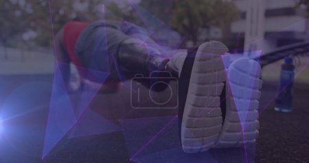 Photo for Image of purple communication network over male athlete with prosthetic leg exercising. sport, achievement and communication technology concept, digitally generated image. - Royalty Free Image