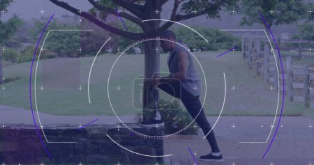 Photo for Image of circular scope processing over male athlete with prosthetic leg exercising outdoors. sport, achievement and communication technology concept - Royalty Free Image