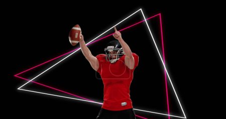 Photo for Image of red and white neon triangles and caucasian male american football player celebrating. sport, competition and technology concept, digitally generated image. - Royalty Free Image