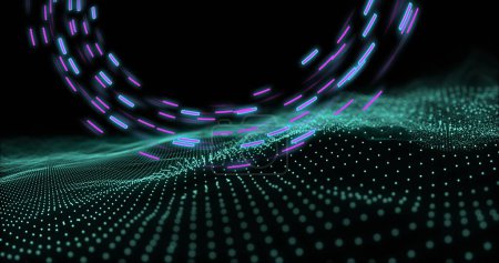 Photo for Image of glowing light trails of data transfer over mesh moving in fast motion. Global data processing, computing and digital interface concept digitally generated image. - Royalty Free Image