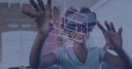 Photo for Image of glowing 3d shapes of data transfer over african american woman in vr headset. Global virtual reality, data processing, computing and digital interface concept digitally generated image. - Royalty Free Image