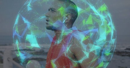 Biracial man with a digital overlay, with copy space. Outdoor setting blends technology with nature in a conceptual portrayal.