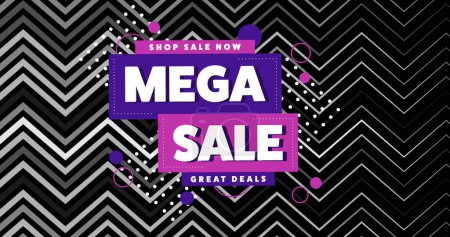 Photo for Image of mega sale text on purple and pink banners and zig zag pattern on black background. retro retail and savings concept digitally generated image. - Royalty Free Image