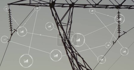 Bild eines Netzwerks von Verbindungen mit Symbolen über Pylonen. Globale Anbindungen, Energie und digitales Schnittstellenkonzept digital generiertes Bild.