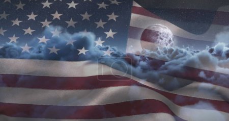 A digital composite of the American flag and a moonlit sky. Symbolic elements evoke patriotism and the exploration of space.