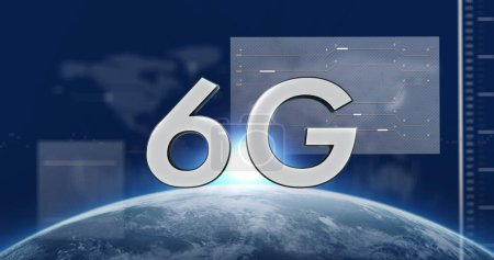 Image of 6g text, globe and computer data processing. Global networks, computing, digital interface and data processing concept digitally generated image.
