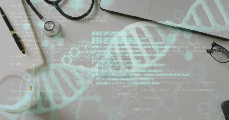 Photo for Image of dna strand and data processing over doctor office with laptop and stethoscope. Global medicine and digital interface concept digitally generated image. - Royalty Free Image