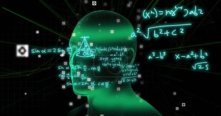 Bild mathematischer Formeln und wissenschaftlicher Datenverarbeitung über dem menschlichen Kopf. Globales Wissenschafts-, Computer- und Datenverarbeitungskonzept digital generiertes Bild.