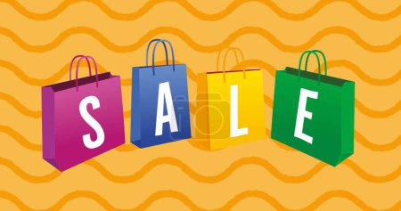 Image of sale text over shopping bags on waving orange background. retro retail and savings concept digitally generated image.