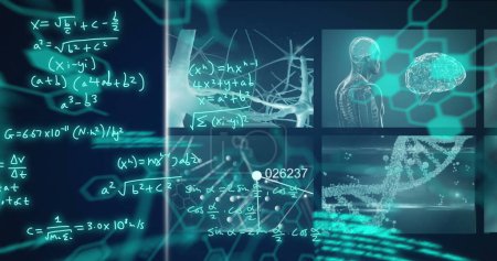 Bild mathematischer Formeln und wissenschaftlicher Datenverarbeitung über Bildschirme. Globales Wissenschafts-, Computer- und Datenverarbeitungskonzept digital generiertes Bild.