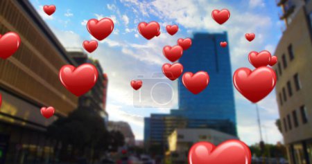 City center digital composite with heart icons.
