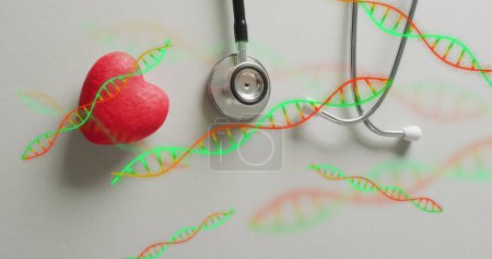 Photo for Image of dna strands over heart and stethoscope. Global medicine and digital interface concept digitally generated image. - Royalty Free Image