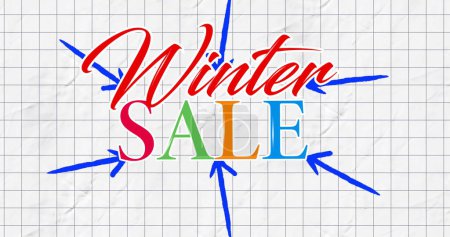 Photo for Image of arrows pointing to winter sale text on squared white paper in background. retro retail and savings concept digitally generated image. - Royalty Free Image
