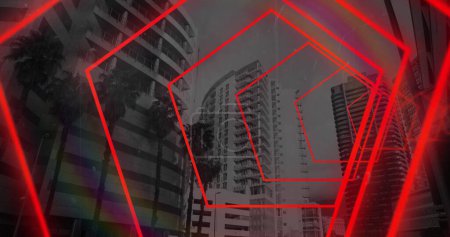 Image of data processing, cityscape and red neon pattern. Global networks, computing, digital interface and data processing concept digitally generated image.