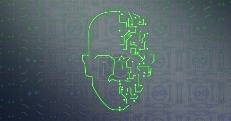 Photo for Image of human head, connections and data processing over circuit board. Global digital interface, cloud computing and data processing concept digitally generated image. - Royalty Free Image