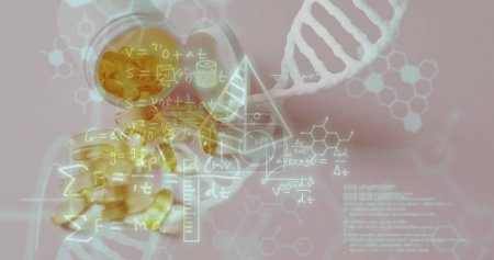 Imagen de la hebra de ADN y procesamiento de datos sobre pastillas. Medicina global e interfaz digital concepto de imagen generada digitalmente.