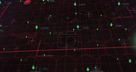 Téléchargez les photos : Image de lignes rouges et de nombres changeant avec des flèches vertes sur le réseau d'hexagones sur fond de grille. Interface numérique concept global de connexion et de communication image générée numériquement. - en image libre de droit