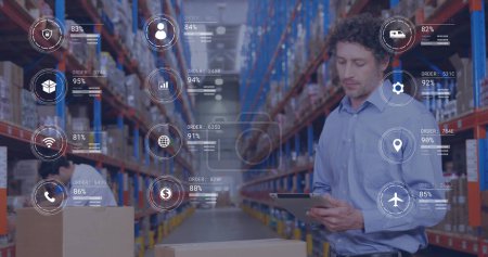 Image of icons with data processing over caucasian male worker using tablet in warehouse. Global delivery, shipping, communication and retail concept digitally generated image.
