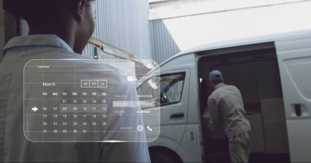 Photo for Image of digital interface with calendar and data processing over caucasian delivery man. Global delivery, shipping and retail concept digitally generated image. - Royalty Free Image