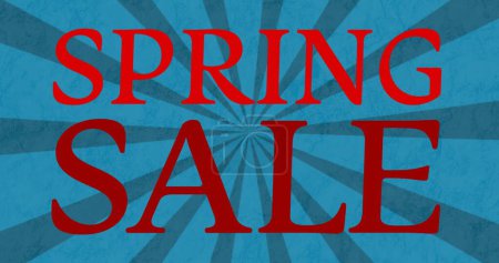 Bild des Frühjahrsverkaufstextes in roten Lettern über sich drehenden blauen Streifen im Hintergrund. Einkaufs-, Einzelhandels- und Sparkonzept digital generiertes Image.