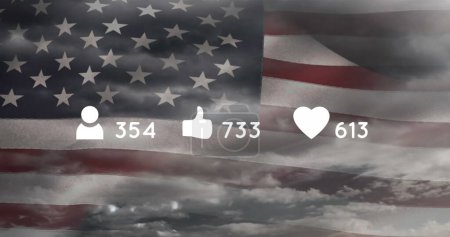 Photo for Image of social media icons with numbers over clouds with flag of usa. global social media and communication concept digitally generated image. - Royalty Free Image