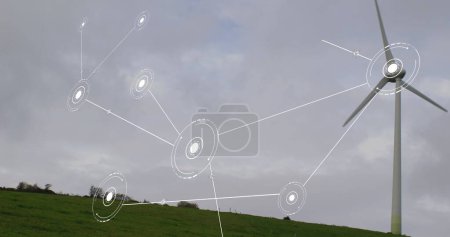 Téléchargez les photos : Image du réseau de connexions avec des icônes au-dessus d'une éolienne. Connexions globales, concept d'interface énergétique et numérique image générée numériquement. - en image libre de droit