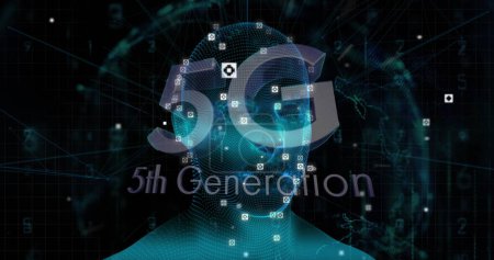 A digital human face represents 5G technology, with copy space. The visual emphasizes the fusion of human interaction and advanced network connectivity.