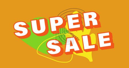 Bild von Super Sale Text auf abstrakten Formen auf orangefarbenem Hintergrund. Retro-Einzelhandels- und Sparkonzept digital generiertes Image.