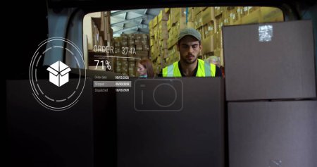Photo for Image of icons with data processing over caucasian delivery man in warehouse. Global delivery, shipping and retail concept digitally generated image. - Royalty Free Image