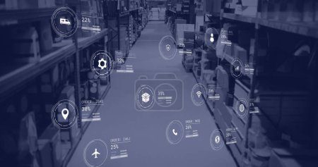 Image of icons with data processing over warehouse. Global delivery, shipping and retail concept digitally generated image.