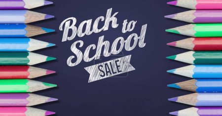 Photo for Image of back to school sale with colour pencils on purple circles. retro retail, shopping and savings concept digitally generated image. - Royalty Free Image