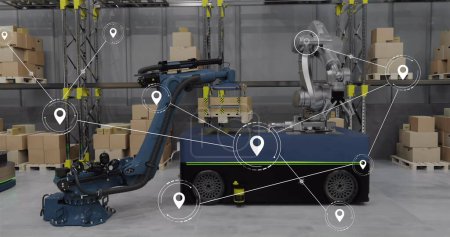 Image de réseau de connexions avec icônes sur bras robotisés et boîtes en entrepôt. Connexions mondiales, innovation, livraison et concept d'expédition image générée numériquement.