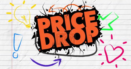 Photo for Image of price drop text in orange with icons on ruled paper. retro retail, shopping and savings concept digitally generated image. - Royalty Free Image