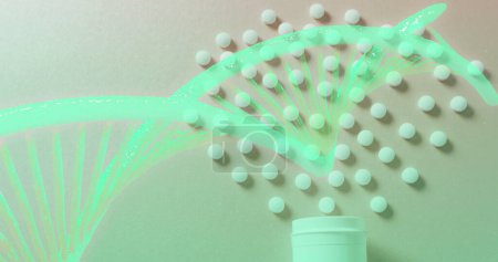 Photo for Image of dna strand over pills. Global medicine and digital interface concept digitally generated image. - Royalty Free Image