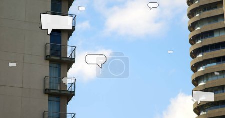 Photo for Image of vintage speech bubbles over cityscape. retro communication and connection concept digitally generated image. - Royalty Free Image