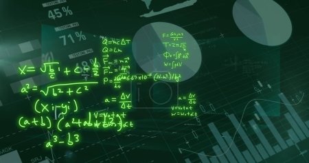 Bild mathematischer Formeln und wissenschaftlicher Datenverarbeitung auf schwarzem Hintergrund. Globales Wissenschafts-, Computer- und Datenverarbeitungskonzept digital generiertes Bild.