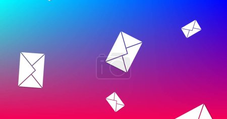 Foto de Imagen digital de iconos de mensajes que caen con un fondo azul y violeta degradado 4k - Imagen libre de derechos