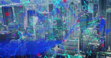 Photo for Image of cityscape and connections. Global networks, computing, digital interface and data processing concept digitally generated image. - Royalty Free Image